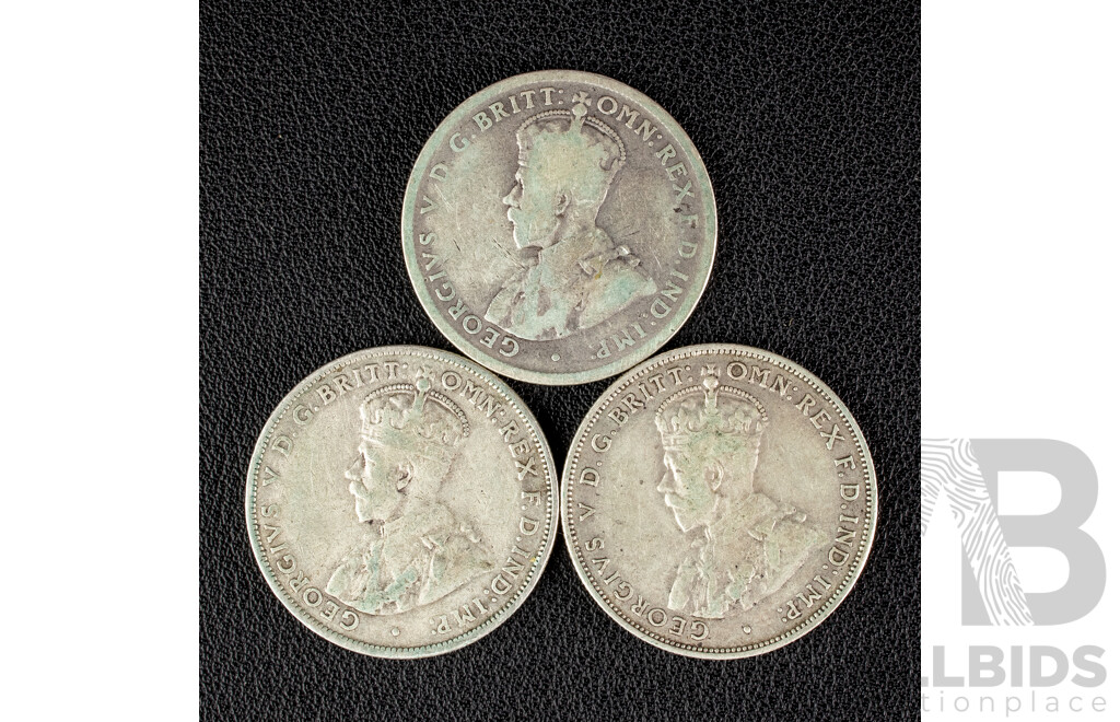 Three Australian KGV Silver Florins Including 1917M, 1928, 1936 .925