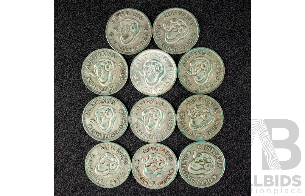 Eleven Australian KGVI/QE2 Silver Shillings Including 1946(2), 1950, 1952, 1953, 1954, 1955, 1957, 1958, 1959, 1960 .500