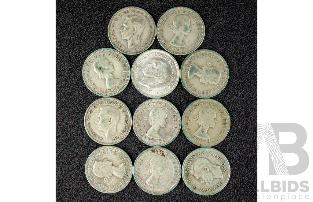 Eleven Australian KGVI/QE2 Silver Shillings Including 1946(2), 1950, 1952, 1953, 1954, 1955, 1957, 1958, 1959, 1960 .500
