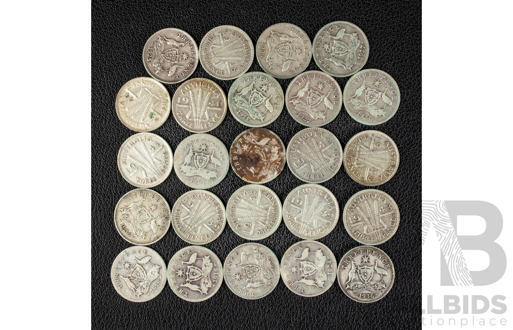 Twenty Four Australian KEVII/KGV/KGVI Silver Threepence, Examples Spanning 1910 to 1944 .925