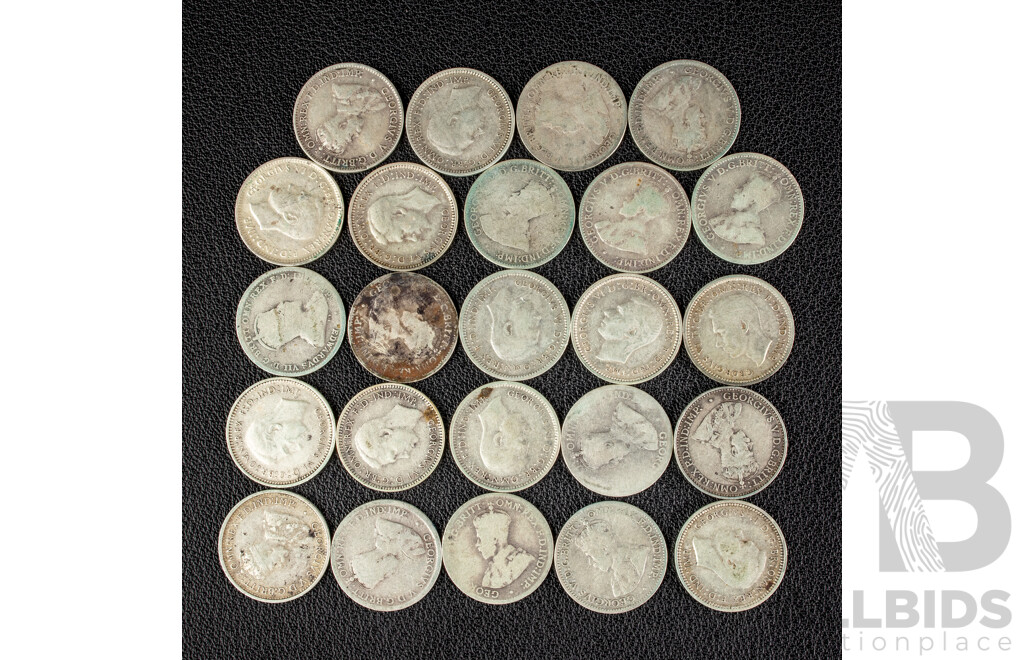 Twenty Four Australian KEVII/KGV/KGVI Silver Threepence, Examples Spanning 1910 to 1944 .925