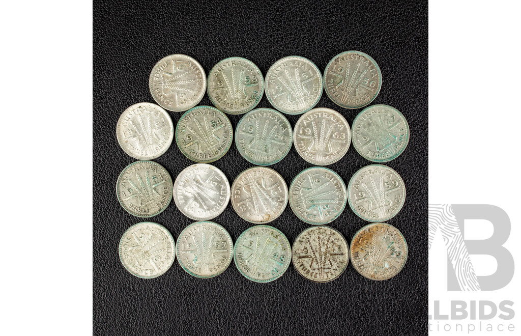 Nineteen Australian KGVI/QE2 Silver Threepence, Examples Spanning 1947 to 1963 .500