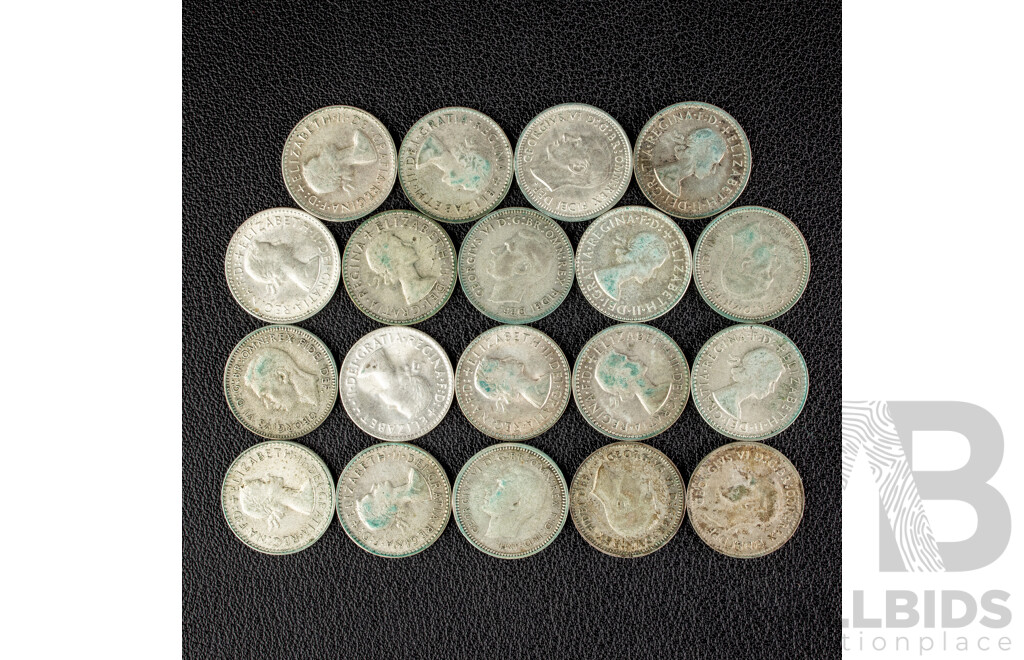 Nineteen Australian KGVI/QE2 Silver Threepence, Examples Spanning 1947 to 1963 .500