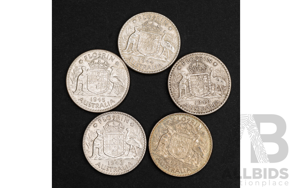 Australian KGVI Silver Florins, 1940 1941, 1942, 1943S, 1944 .925