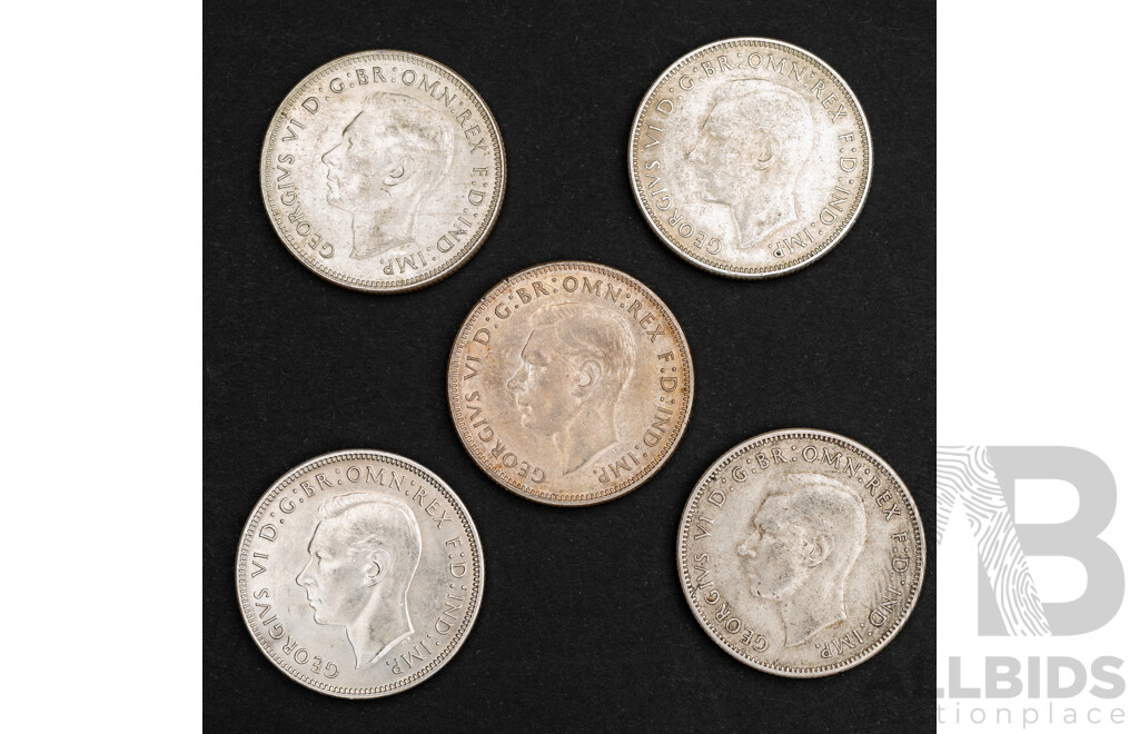 Australian KGVI Silver Florins, 1940 1941, 1942, 1943S, 1944 .925