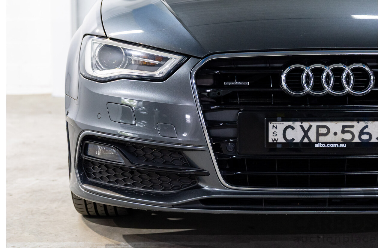 2/2015 Audi A3 Sportback S-Line 1.8 TFSI Quattro (AWD) Ambition 8V MY15 5d Hatchback Daytona Grey Pearl Turbo 1.8L