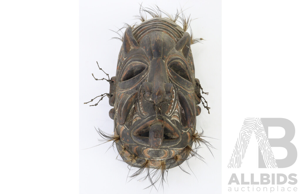 Vintage Hand Carved Wooden Mask, PNG Middle Sepik River, with Incised Polychrome Decoration and Feathers