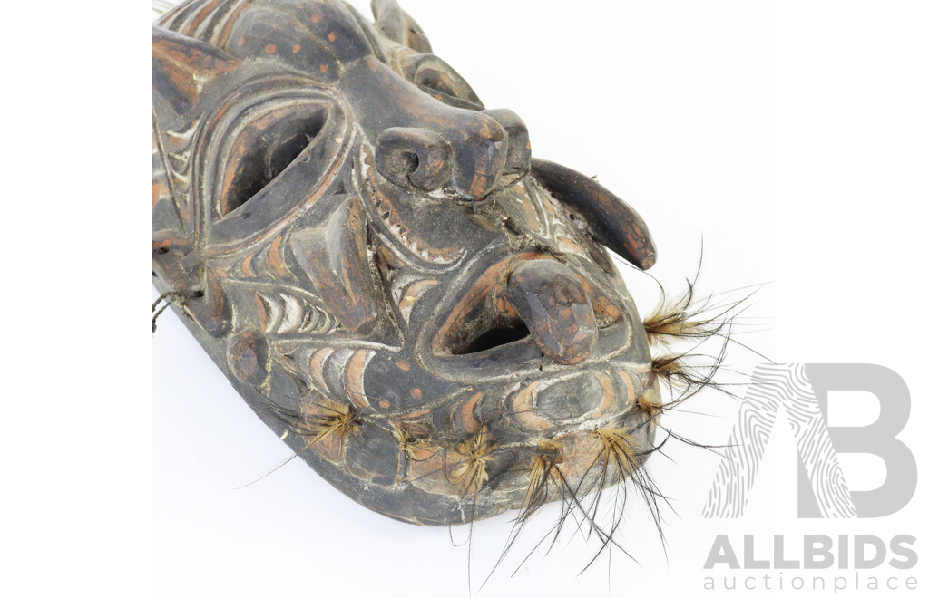 Vintage Hand Carved Wooden Mask, PNG Middle Sepik River, with Incised Polychrome Decoration and Feathers