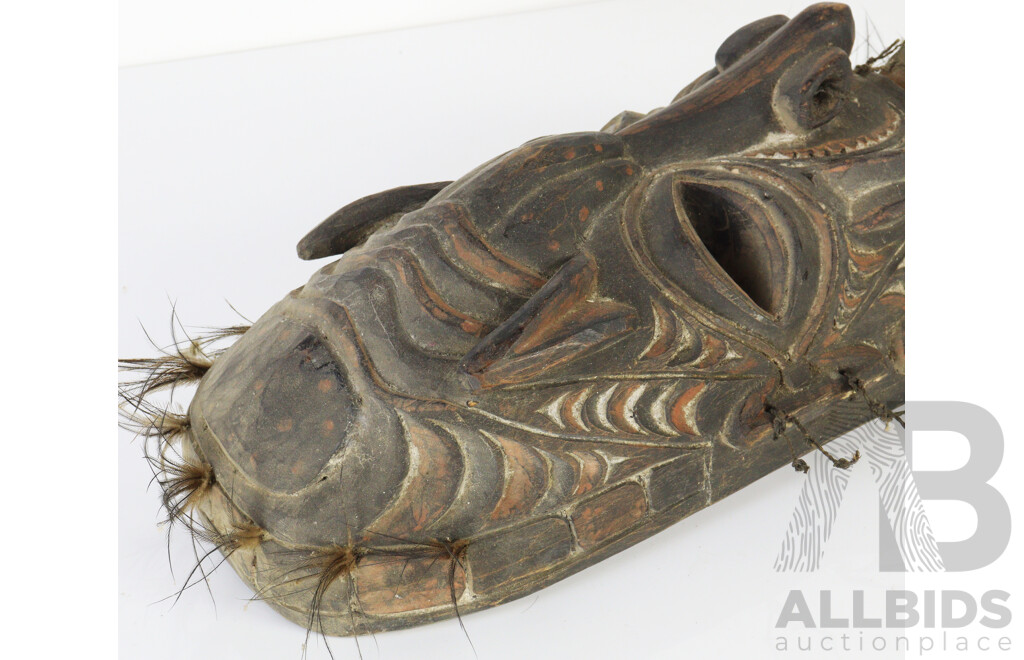 Vintage Hand Carved Wooden Mask, PNG Middle Sepik River, with Incised Polychrome Decoration and Feathers