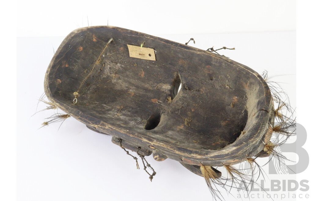 Vintage Hand Carved Wooden Mask, PNG Middle Sepik River, with Incised Polychrome Decoration and Feathers