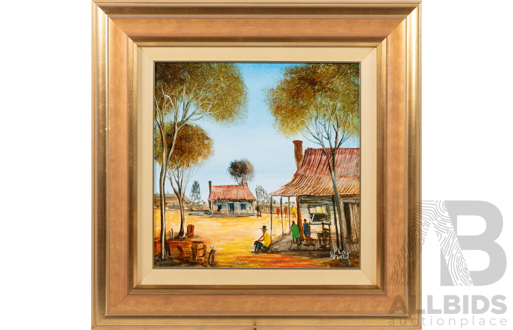 Pro Hart, (20th Century, Australian, 1928-2006), Country Town, Oil on Board, 48 x 48 cm (frame)