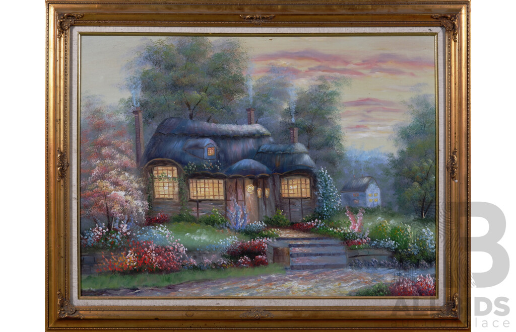Artist Unknown, (20th Century), Thatched Cottage at Dusk, Vintage Oil on Canvas Cloth, 90 X 114 Cm (frame)