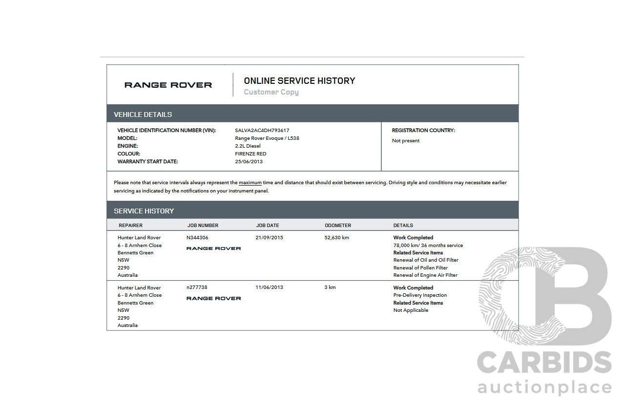 6/2013 Range Rover Evoque TD4 Pure LV MY13 5d Wagon Firenze Red Metallic/Santorini Black Roof Turbo Diesel 2.2L
