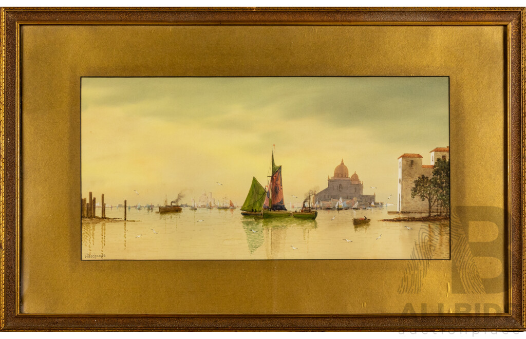 V. Deschamps (French, Early 20th Century), Early Morning Venice, Wonderful Antique Watercolour, 44 x 70 cm (frame)