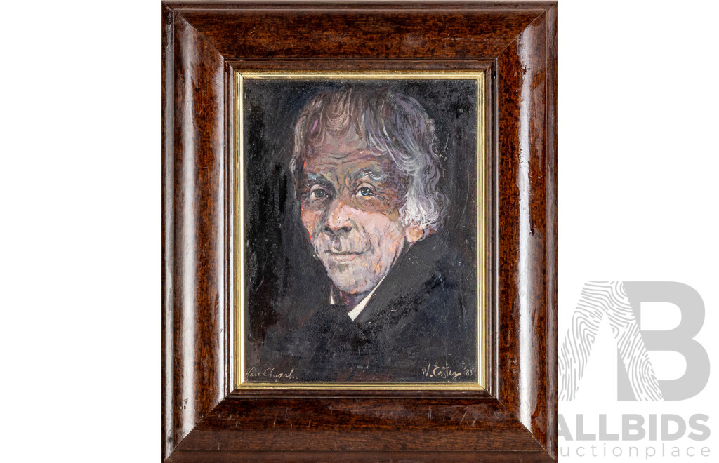 William Easter, (20th Century, Australian, Working c1970-80s), Portrait - Marc Chagall (1980), Wonderful Original Oil on Masonite, 35 x 30 cm (frame)