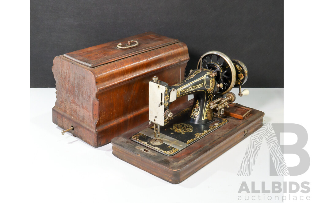 Antique Frister & Rossmann Sewing Machine with Original Timber Case and Attachments, Made in Germany