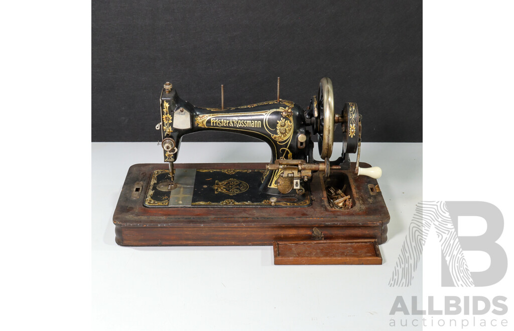 Antique Frister & Rossmann Sewing Machine with Original Timber Case and Attachments, Made in Germany
