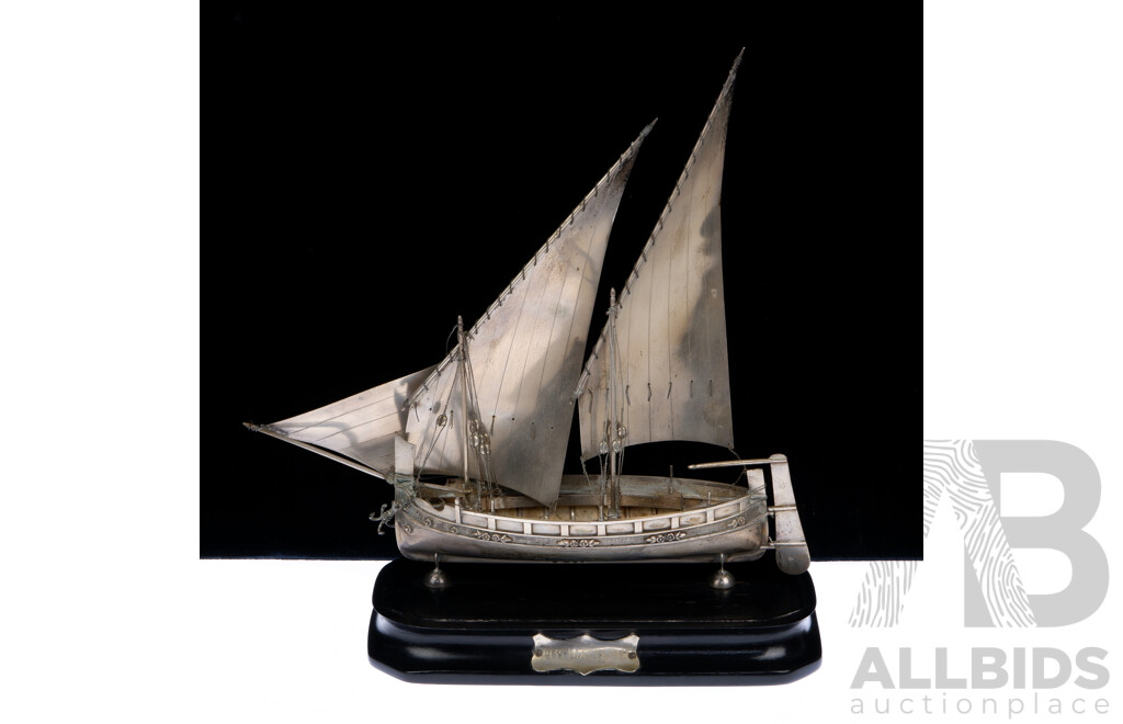 Vintage .800 Silver Detailed Ship Model with Moveable Rudder, on Wooden Stand