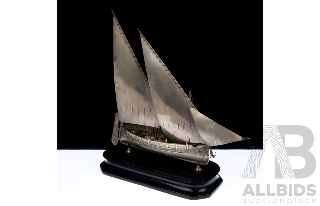 Vintage .800 Silver Detailed Ship Model with Moveable Rudder, on Wooden Stand