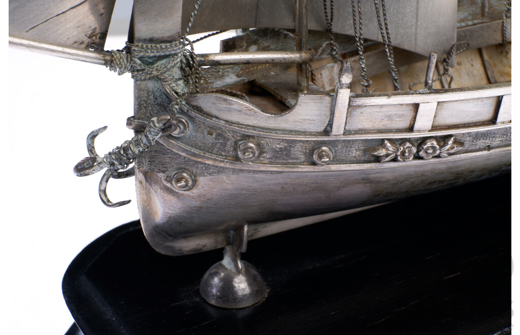 Vintage .800 Silver Detailed Ship Model with Moveable Rudder, on Wooden Stand