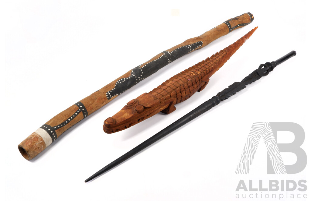 Australian Hand Painted Indigenous Didgeridoo, Trobriand Island Staff & Solomon Island Wooden Crocodile Figure