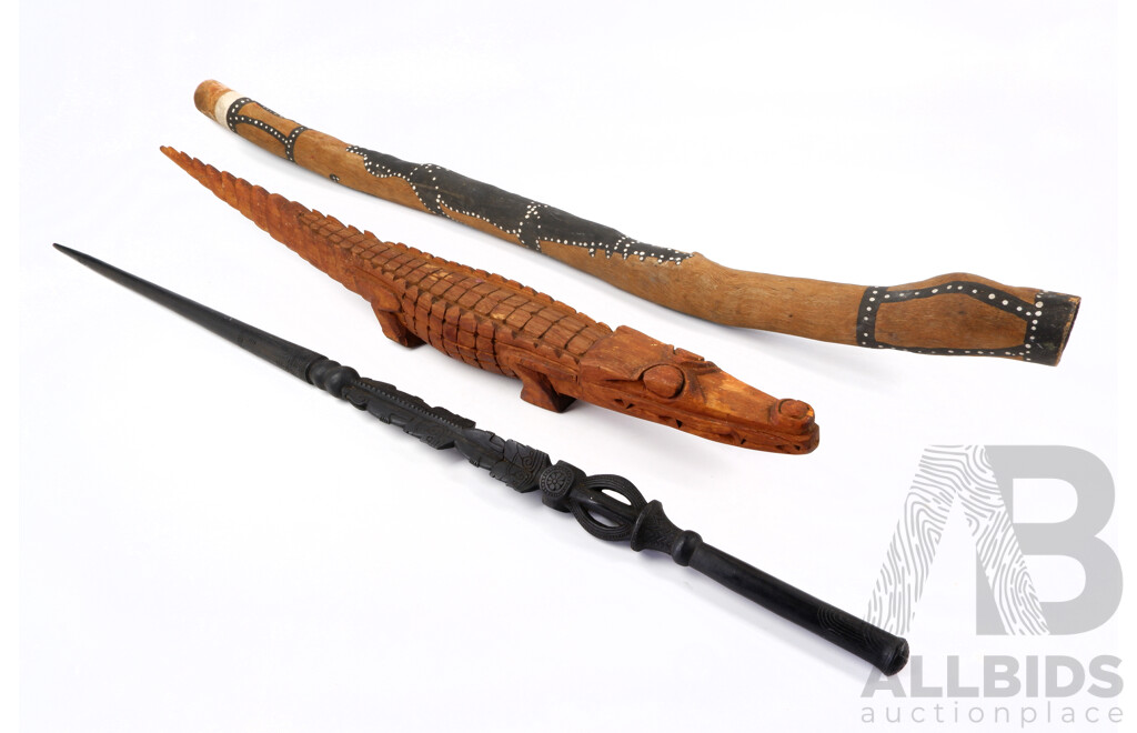 Australian Hand Painted Indigenous Didgeridoo, Trobriand Island Staff & Solomon Island Wooden Crocodile Figure