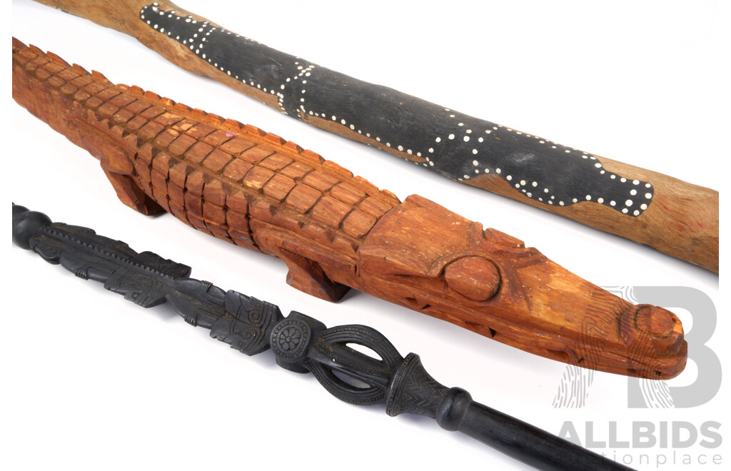 Australian Hand Painted Indigenous Didgeridoo, Trobriand Island Staff & Solomon Island Wooden Crocodile Figure