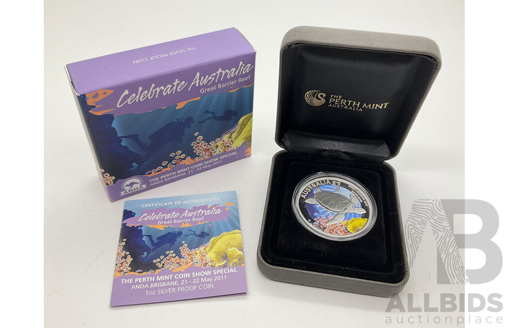 Australian Perth Mint 2011 Silver Proof One Dollar, ANDA Celebrate Australia Great Barrier Reef .999