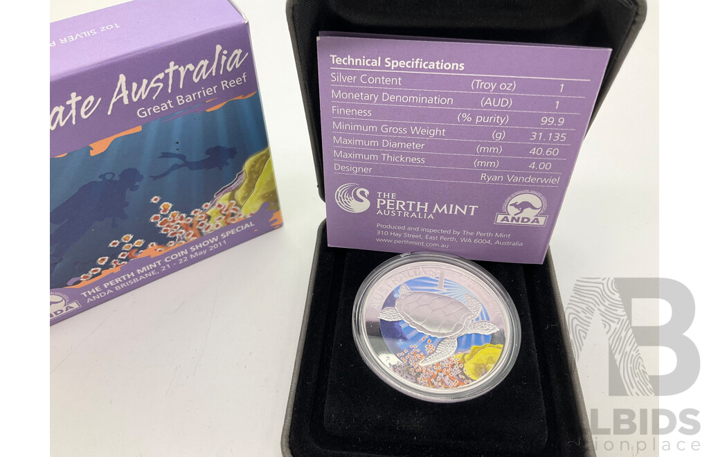 Australian Perth Mint 2011 Silver Proof One Dollar, ANDA Celebrate Australia Great Barrier Reef .999