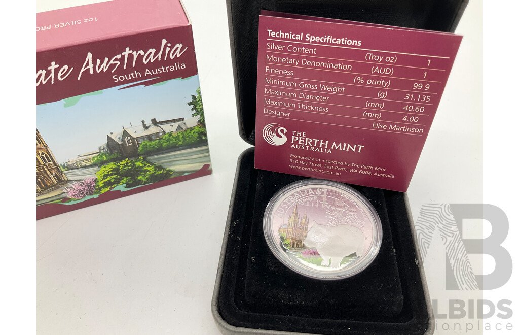 Australian Perth Mint 2010 Silver Proof One Dollar, ANDA Celebrate Australia, South Australia .999