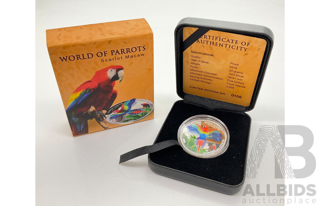 Cook Island 2016 Silver Proof 3D Five Dollar Coin, World of Parrots, Scarlet Macaw .925