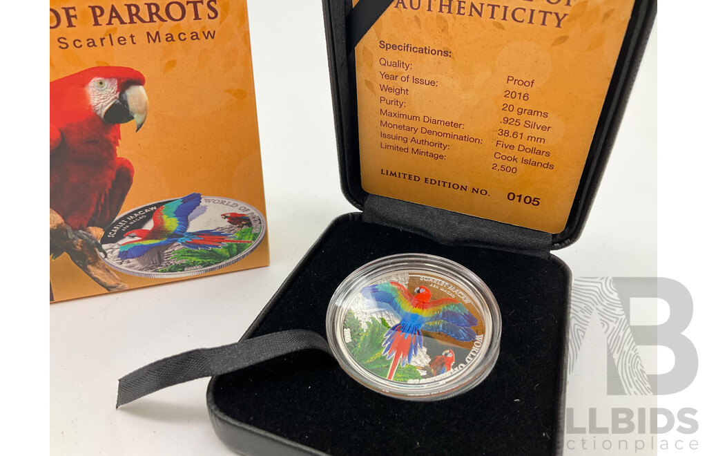 Cook Island 2016 Silver Proof 3D Five Dollar Coin, World of Parrots, Scarlet Macaw .925
