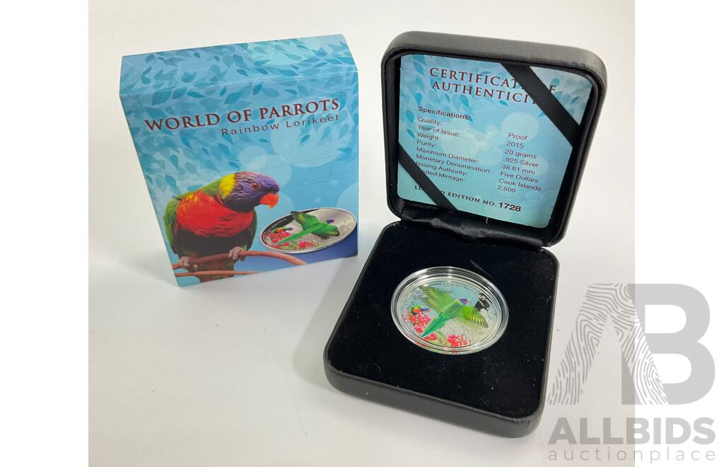 Cook Island 2015 Silver Proof Five Dollar 3D Coin, World of Parrots, Rainbow Lorikeet .925