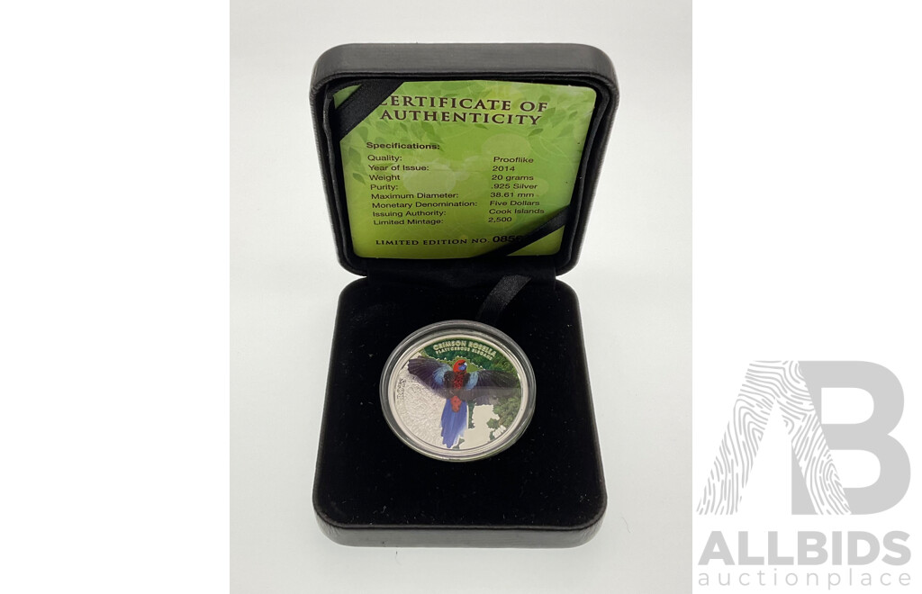 Cook Island 2014 Silver Five Dollar Prooflike Coin, Crimson Rosella .925