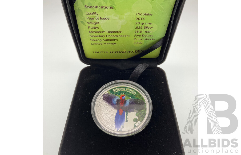 Cook Island 2014 Silver Five Dollar Prooflike Coin, Crimson Rosella .925