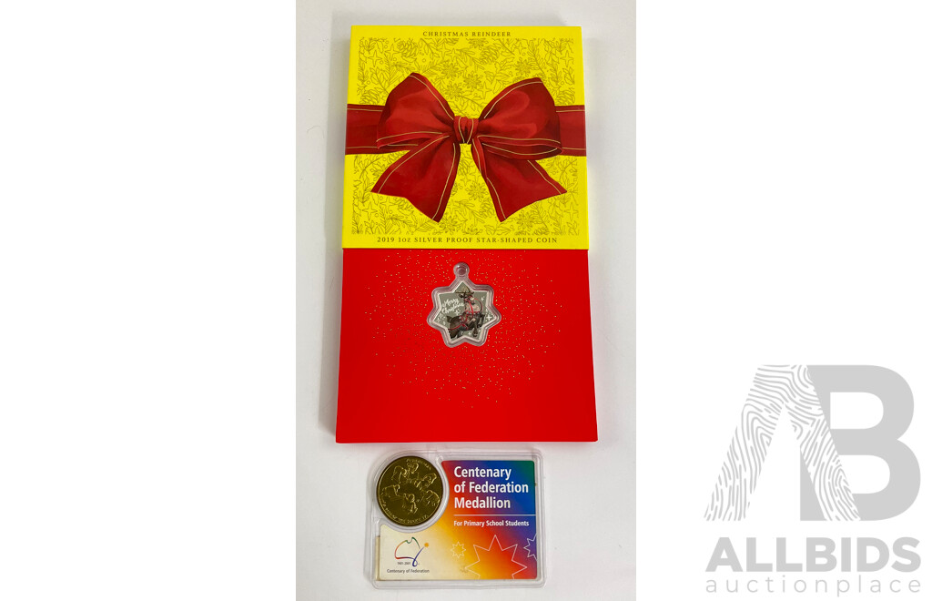 Australian Perth Mint 2019 Silver Star One Dollar Coin .999 and 2001 Federation Medallion