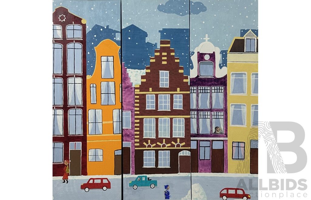 Artist Unknown, (20th Century), City Living, Snowy Day, Trio of Three Oil on Canvas Panels, 90 x 30 cm (3)