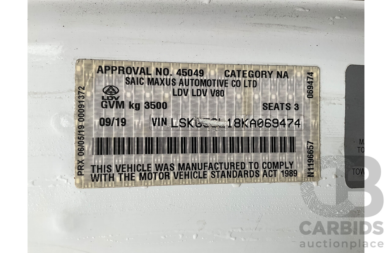 09/2019 LDV V80 LWB MID (FWD) K1 MY19 4d Van White 2.5L