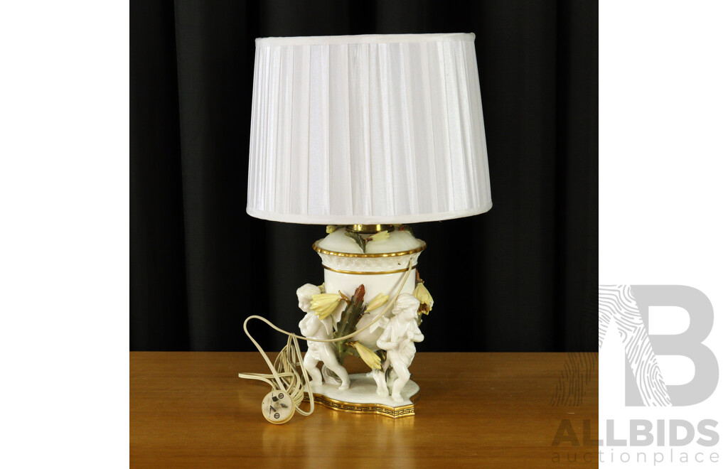 Retro Italian Style Ceramic Table Lamp Base with Three Cherub Form and Adjustable Shade
