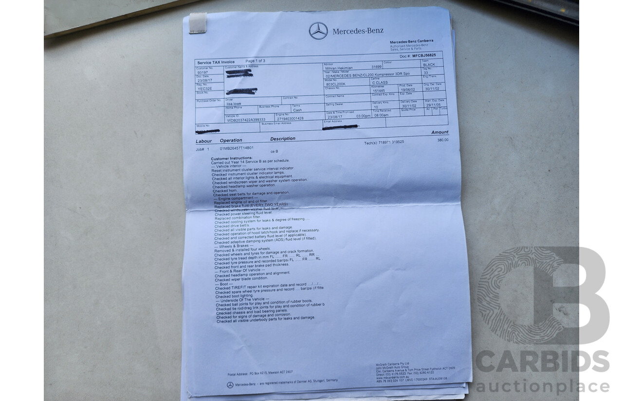 8/2002 Mercedes-Benz C200 Kompressor CL203 2d Coupe Silver 1.8L