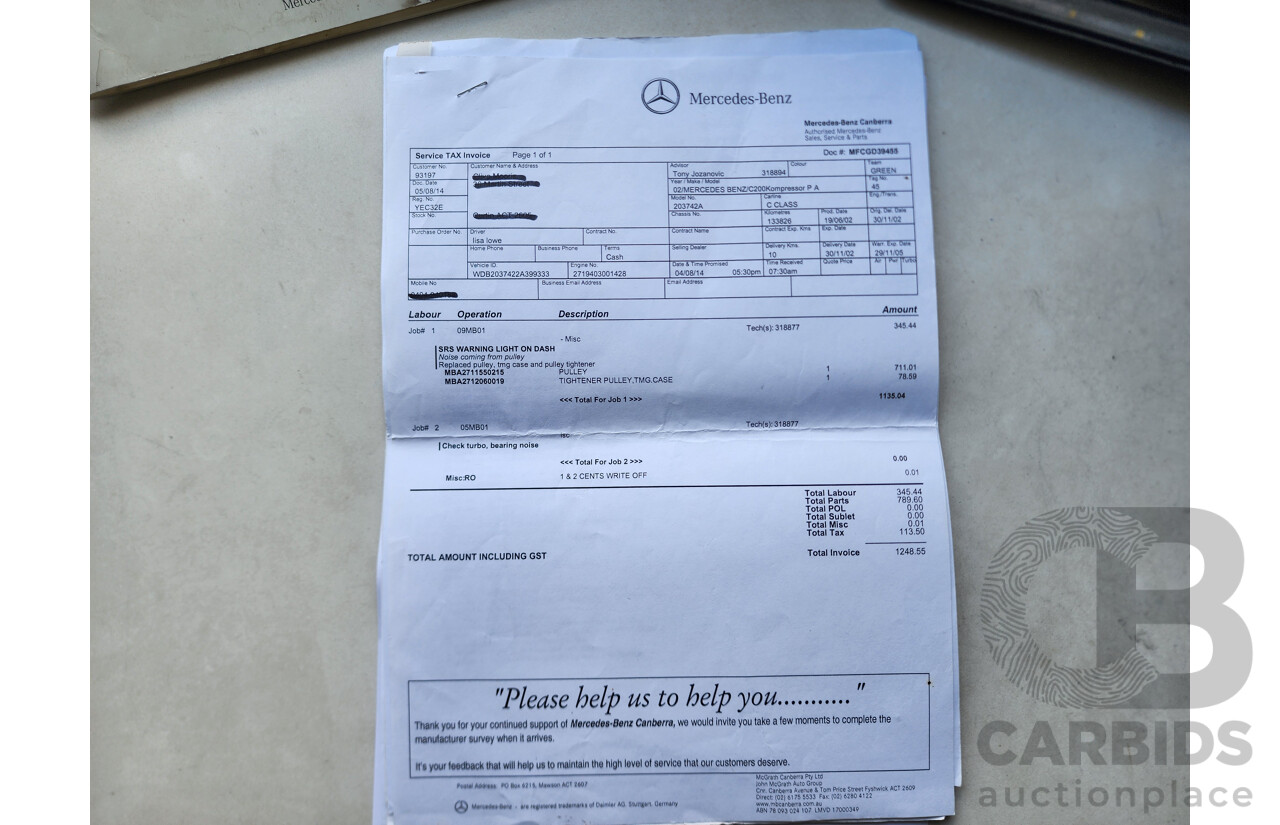 8/2002 Mercedes-Benz C200 Kompressor CL203 2d Coupe Silver 1.8L