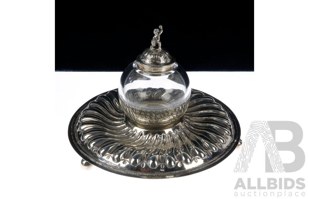 Antique Glass and Sterling Silver Inkwell on Tripod Feet with Cherub Finial, London 1881