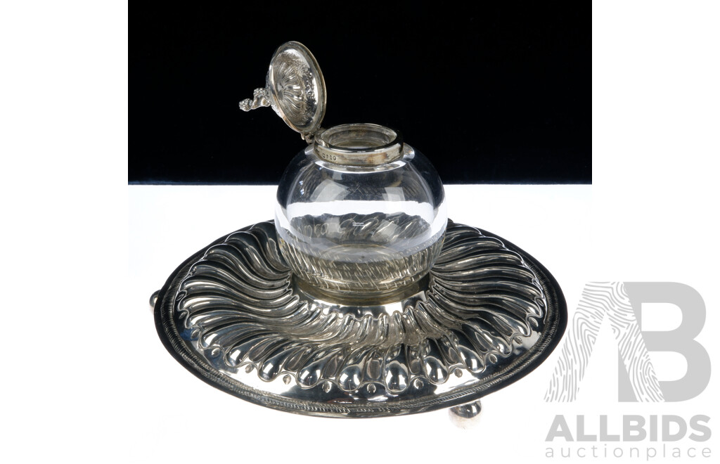 Antique Glass and Sterling Silver Inkwell on Tripod Feet with Cherub Finial, London 1881
