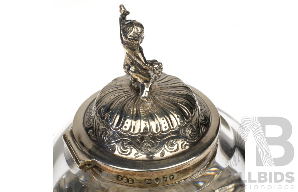 Antique Glass and Sterling Silver Inkwell on Tripod Feet with Cherub Finial, London 1881