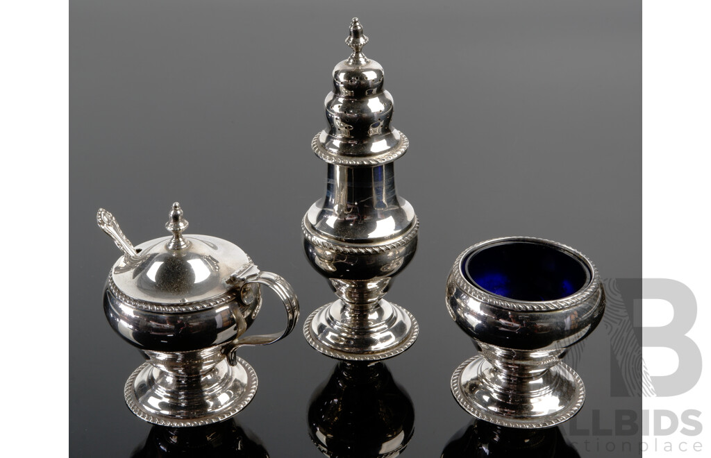 Three Piece Vintage Sterling Silver Cruet Set with Blue Glass Liners, All London, Late 1940s Early 1950s