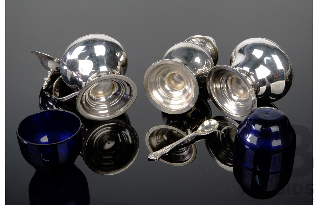 Three Piece Vintage Sterling Silver Cruet Set with Blue Glass Liners, All London, Late 1940s Early 1950s