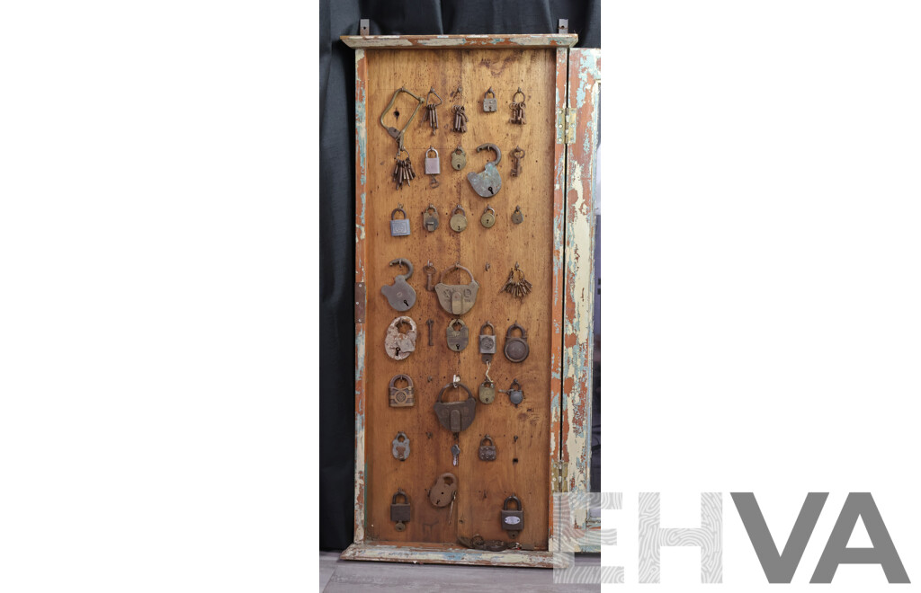 Vintage Wall Mount Display Case with Multiple Antique Padlocks