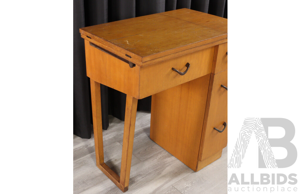 Vintage Maple Single Pedestal Sewing Machine Cabinet