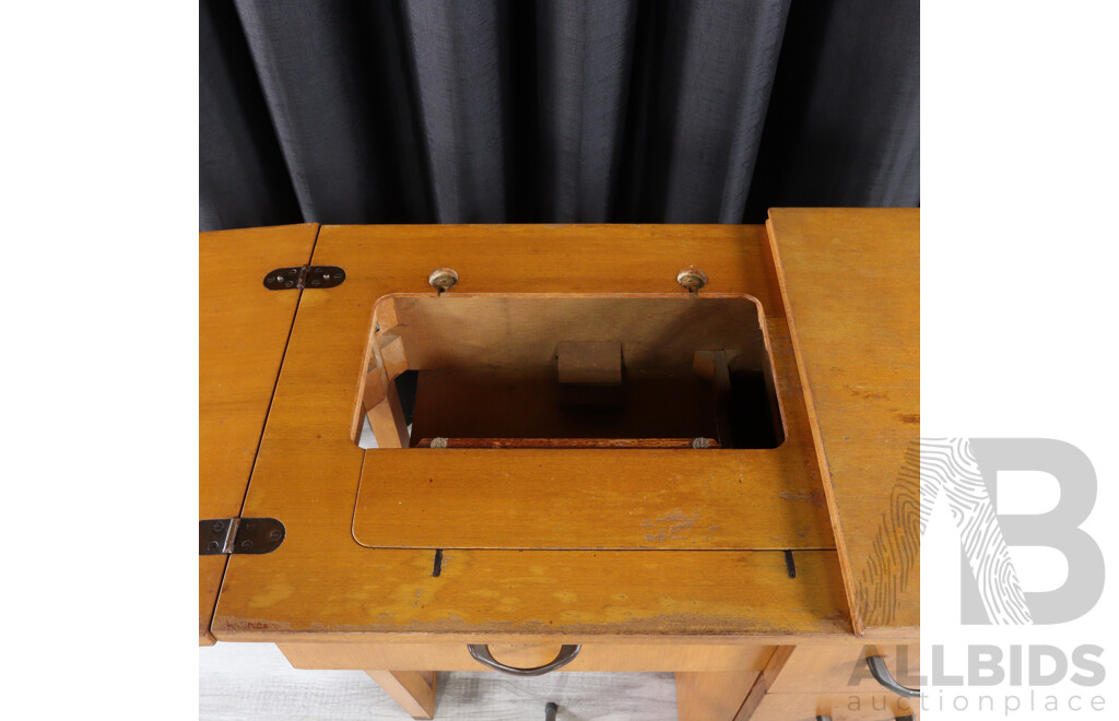 Vintage Maple Single Pedestal Sewing Machine Cabinet