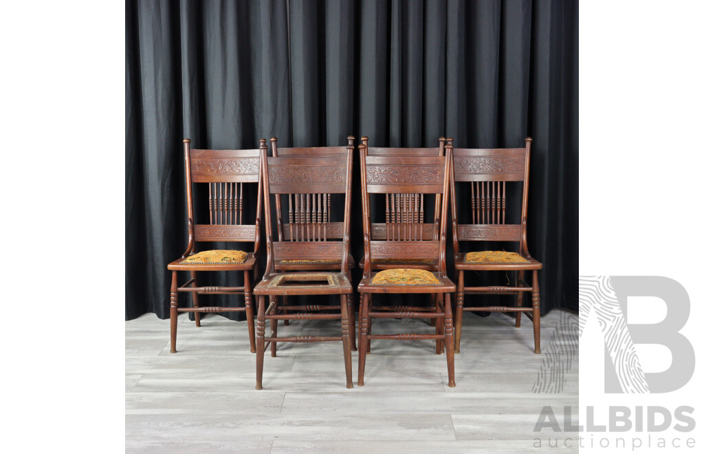 Set of Six American Oak Pressed Back Dining Chairs